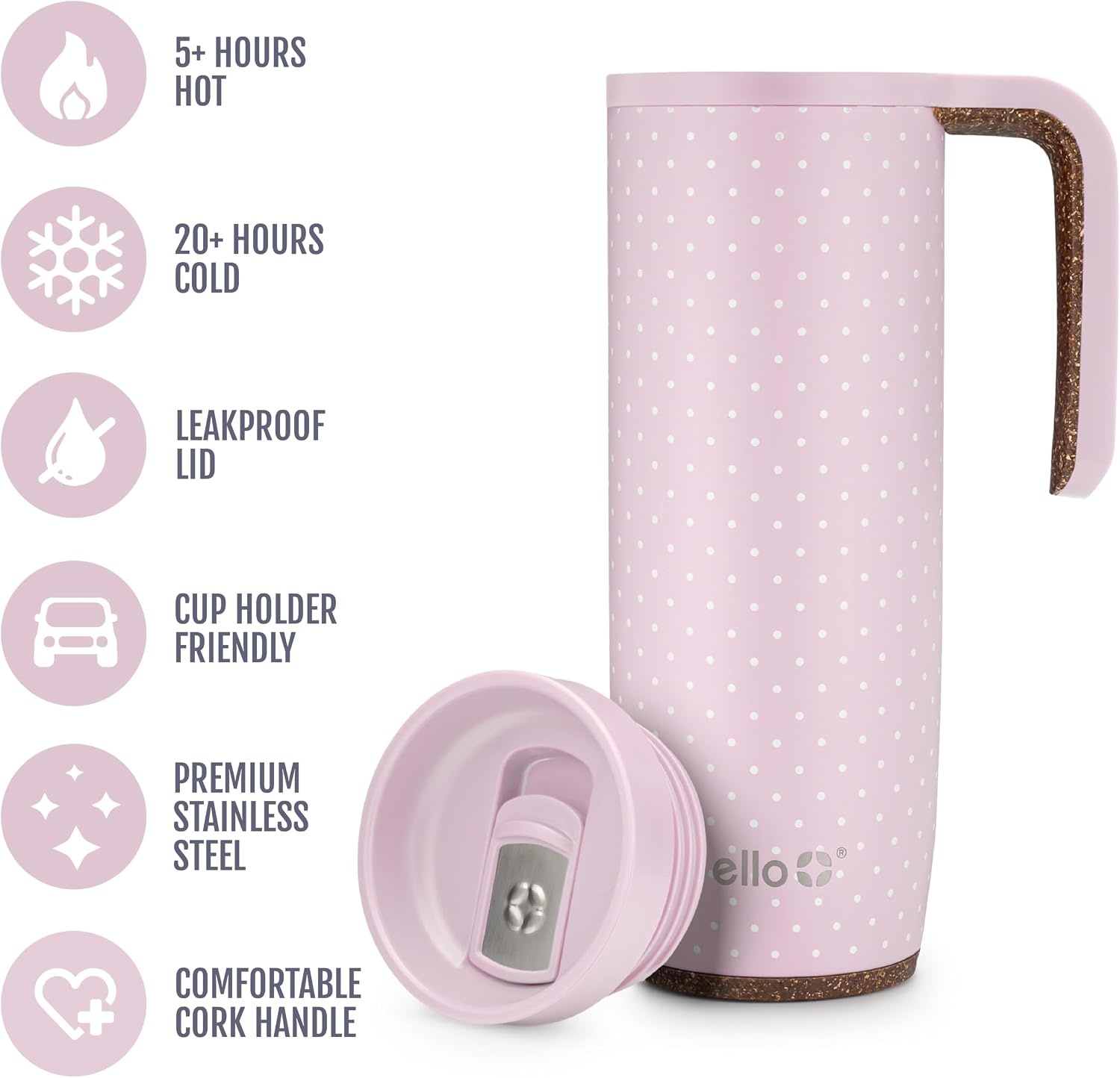 image:imageEllo Magnet 18oz Vacuum Insulated Stainless Steel Travel Mug with Side Handle and LeakProof Slider Lid and Builtin Coaster Keeps Hot for 5 Hours Perfect for Coffee or Tea BPAFree Porcelain RoseTiny Dot Blush