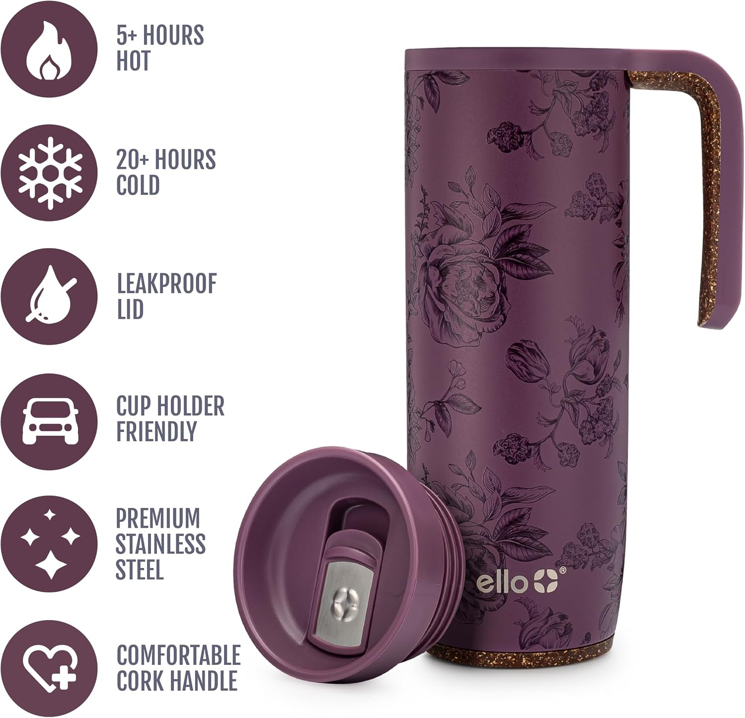 image:imageEllo Magnet 18oz Vacuum Insulated Stainless Steel Travel Mug with Side Handle and LeakProof Slider Lid and Builtin Coaster Keeps Hot for 5 Hours Perfect for Coffee or Tea BPAFree Porcelain RosePorcelain Rose