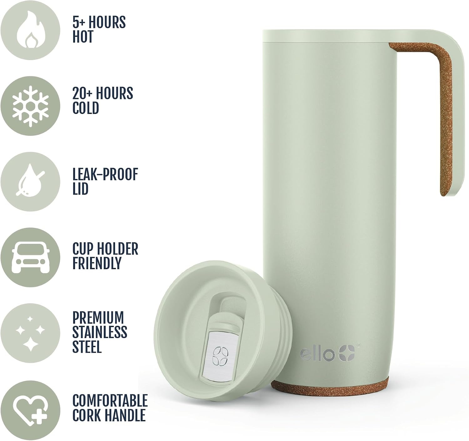 image:imageEllo Magnet 18oz Vacuum Insulated Stainless Steel Travel Mug with Side Handle and LeakProof Slider Lid and Builtin Coaster Keeps Hot for 5 Hours Perfect for Coffee or Tea BPAFree Porcelain RoseSage