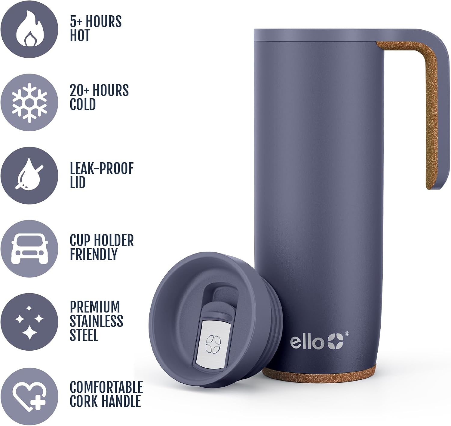 image:imageEllo Magnet 18oz Vacuum Insulated Stainless Steel Travel Mug with Side Handle and LeakProof Slider Lid and Builtin Coaster Keeps Hot for 5 Hours Perfect for Coffee or Tea BPAFree Porcelain RoseShadow