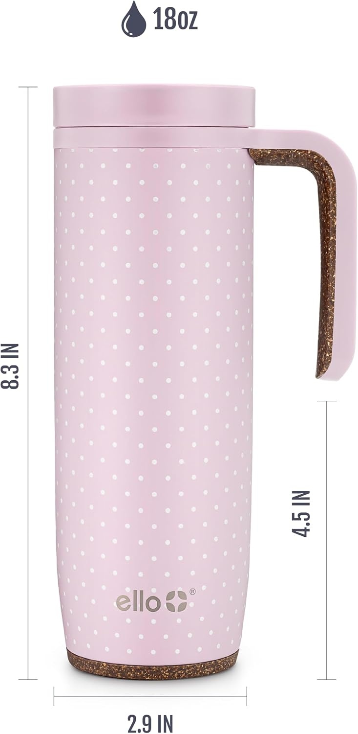 image:imageEllo Magnet 18oz Vacuum Insulated Stainless Steel Travel Mug with Side Handle and LeakProof Slider Lid and Builtin Coaster Keeps Hot for 5 Hours Perfect for Coffee or Tea BPAFree Porcelain RoseTiny Dot Blush