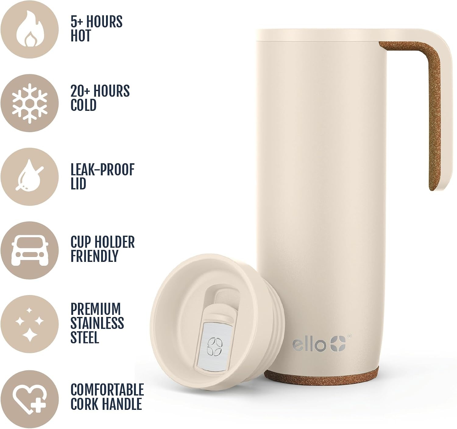 image:imageEllo Magnet 18oz Vacuum Insulated Stainless Steel Travel Mug with Side Handle and LeakProof Slider Lid and Builtin Coaster Keeps Hot for 5 Hours Perfect for Coffee or Tea BPAFree Porcelain RoseLimestone