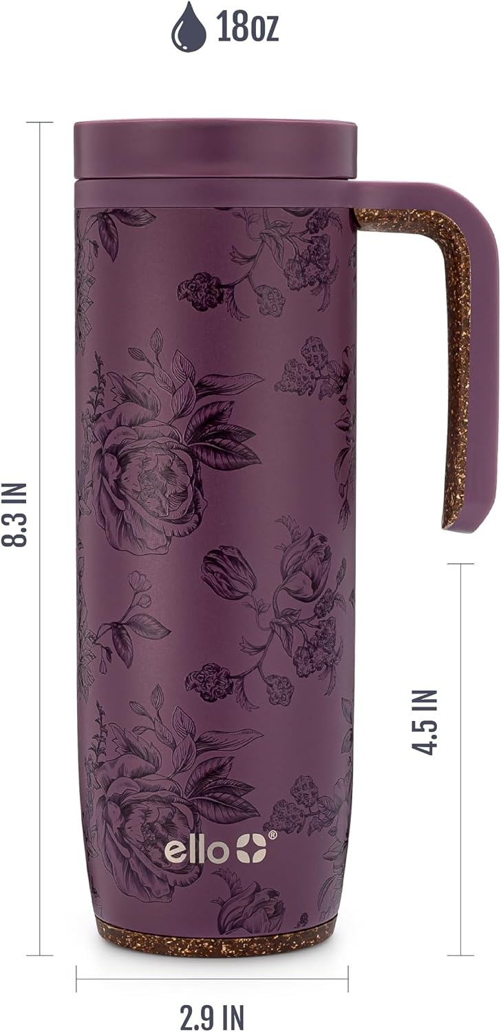 image:imageEllo Magnet 18oz Vacuum Insulated Stainless Steel Travel Mug with Side Handle and LeakProof Slider Lid and Builtin Coaster Keeps Hot for 5 Hours Perfect for Coffee or Tea BPAFree Porcelain RosePorcelain Rose