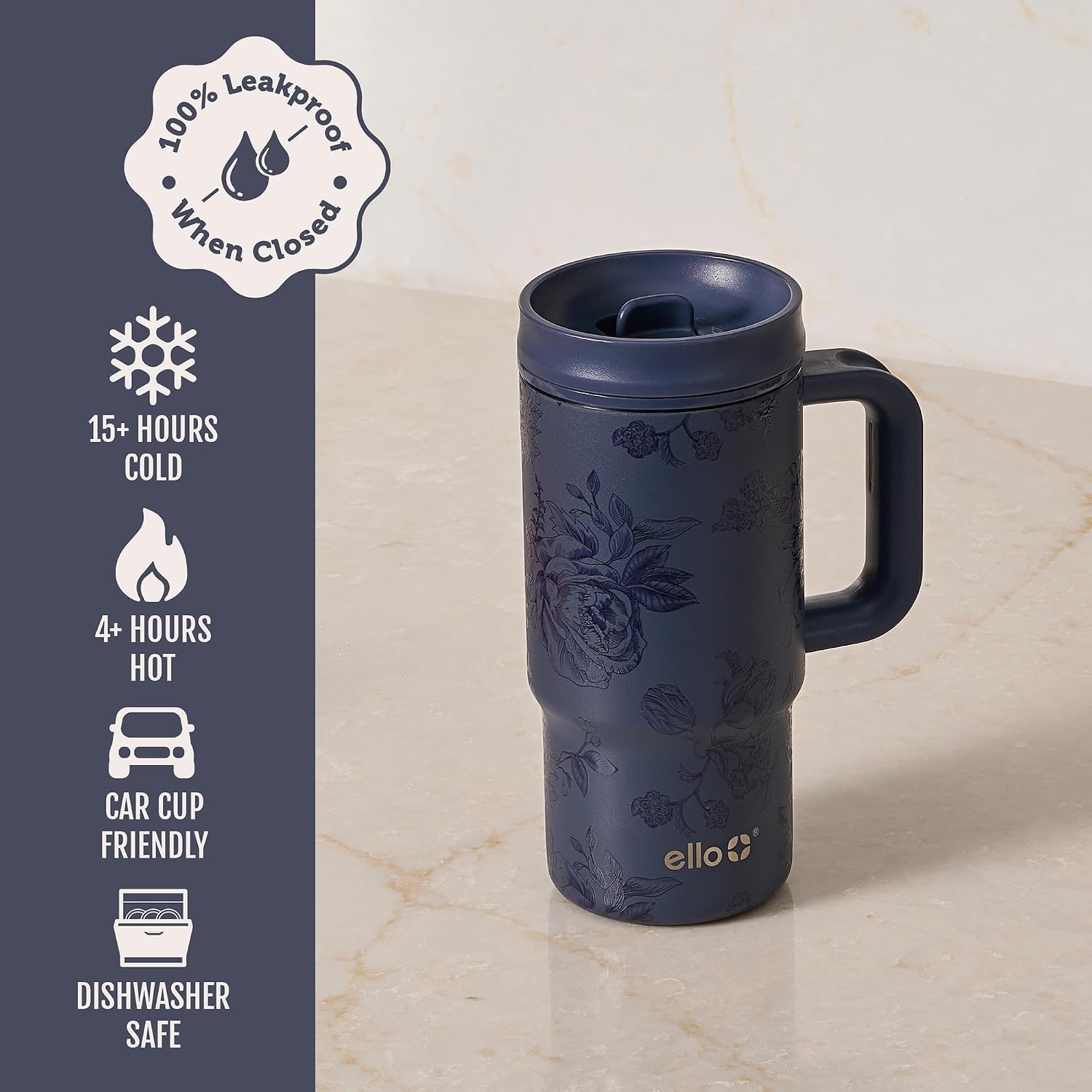 image:imageEllo Sutton 16oz Stainless Steel Travel Mug with Quick Fill Lid Serene Blooms PinkPorcelain Rose Navy