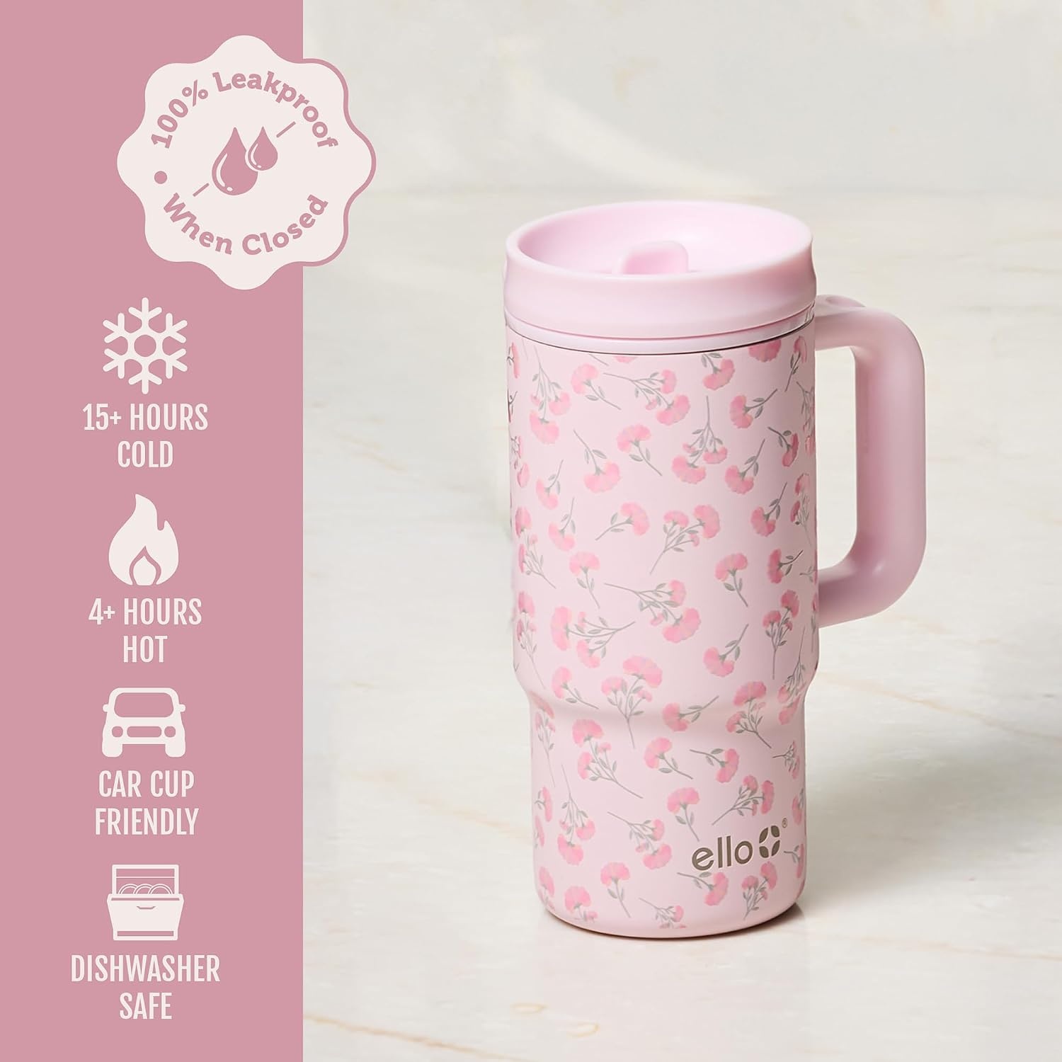 image:imageEllo Sutton 16oz Stainless Steel Travel Mug with Quick Fill Lid Serene Blooms PinkSerene Blooms Pink
