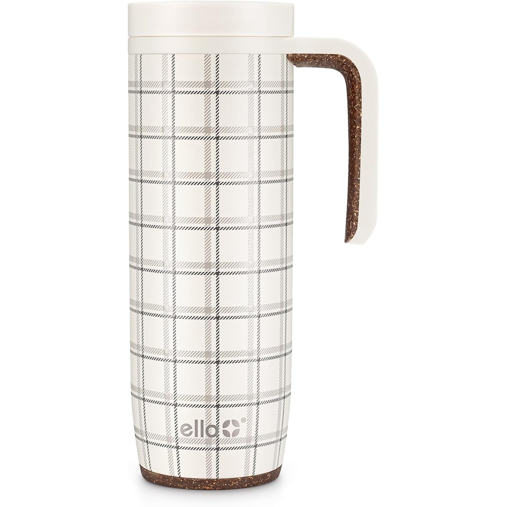 image:imageEllo Magnet 18oz Vacuum Insulated Stainless Steel Travel Mug with Side Handle and LeakProof Slider Lid and Builtin Coaster Keeps Hot for 5 Hours Perfect for Coffee or Tea BPAFree Porcelain RoseCream Plaid
