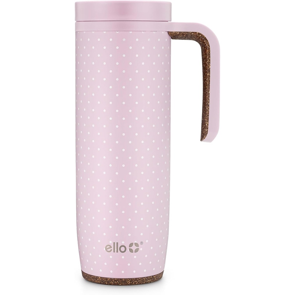 image:imageEllo Magnet 18oz Vacuum Insulated Stainless Steel Travel Mug with Side Handle and LeakProof Slider Lid and Builtin Coaster Keeps Hot for 5 Hours Perfect for Coffee or Tea BPAFree Porcelain RoseTiny Dot Blush
